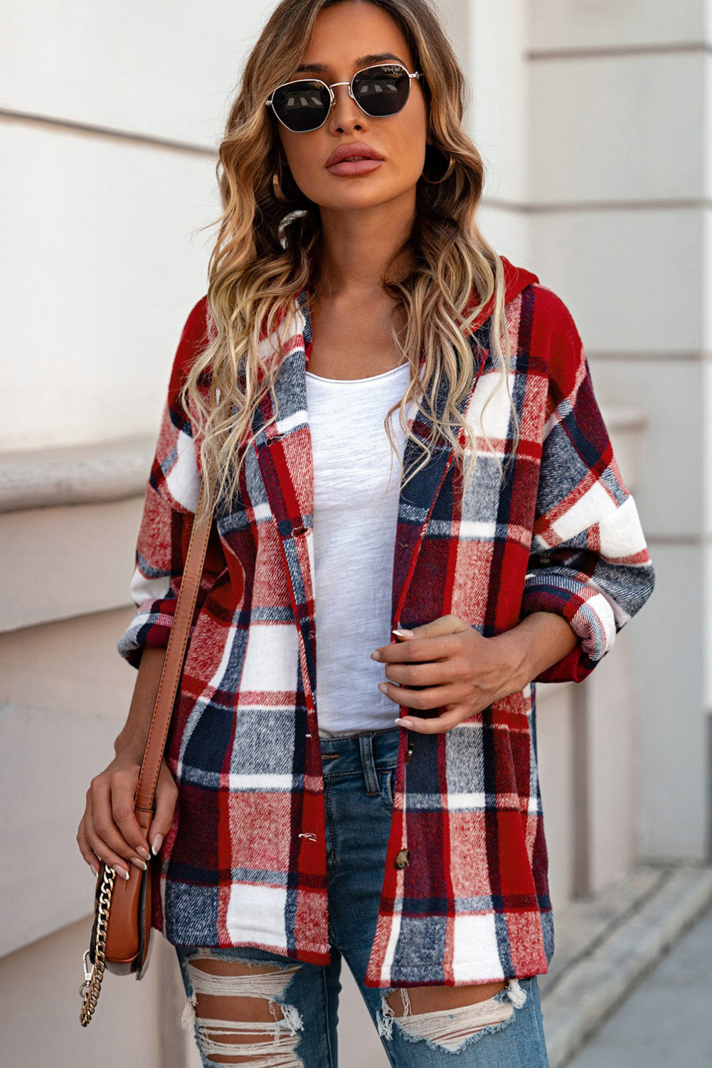 Red Hooded Plaid Button Front Shacket