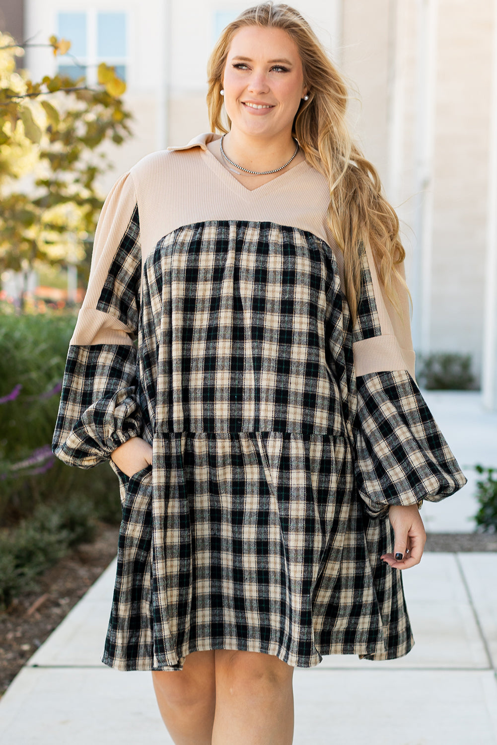 Plaid Waffle Knit Patchwork Mini Dress