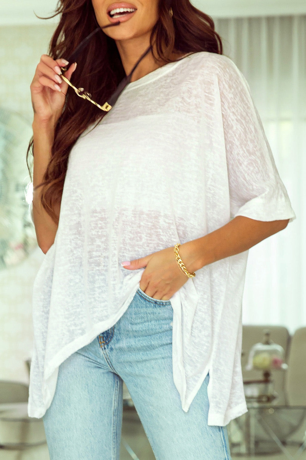 White Batwing Sleeve Tunic Oversized T Shirt