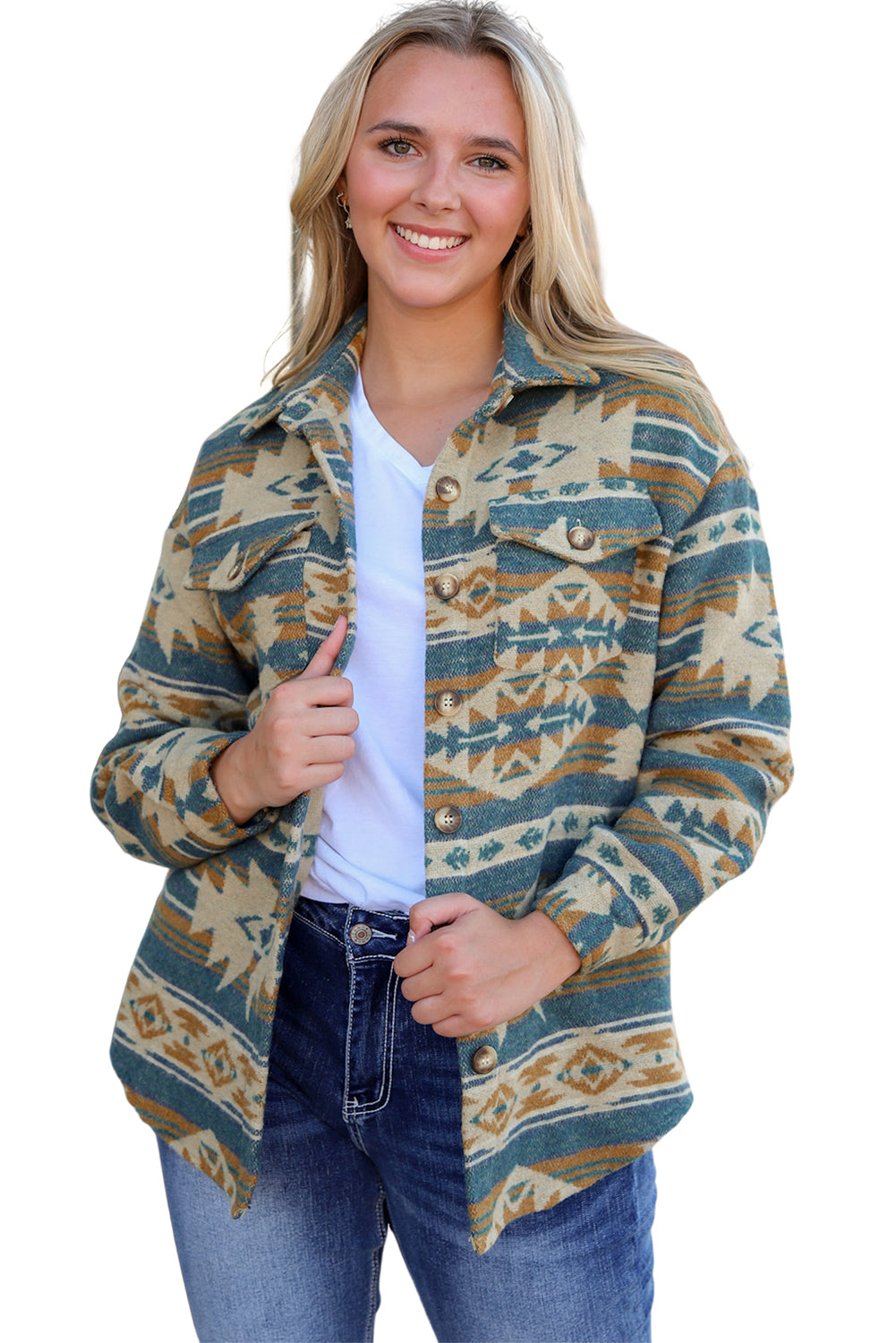 Blue Western Aztec Print Button Flap Pocket Shacket