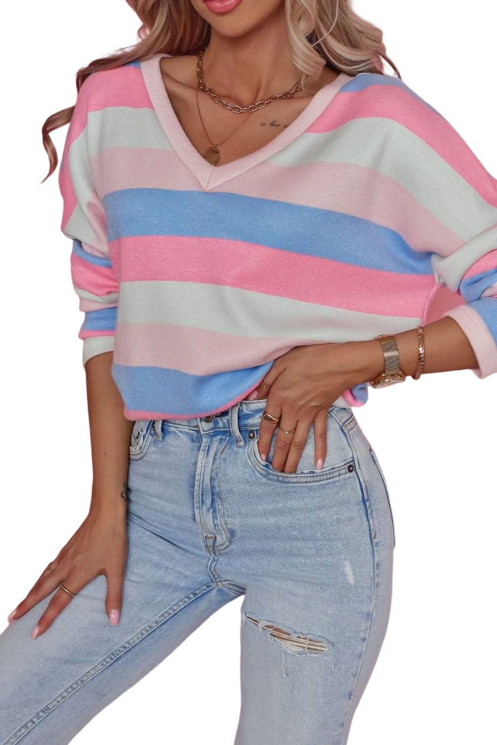 Pink Contrast Striped V Neck Long Sleeve Top