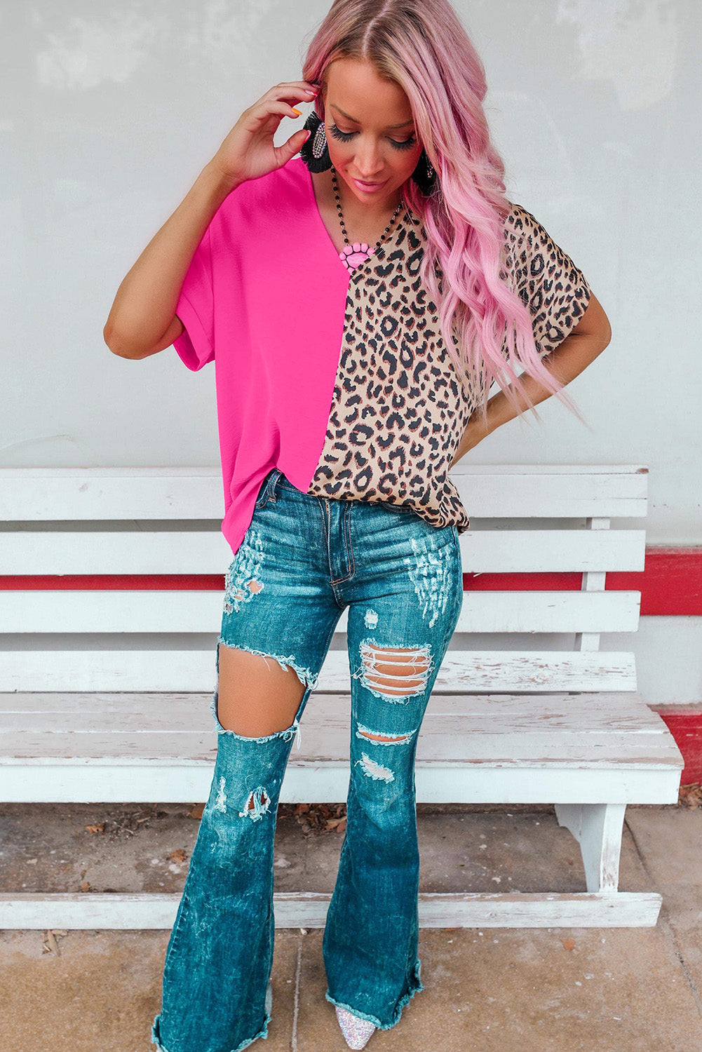 Rose Contrast Leopard Color Block Blouse