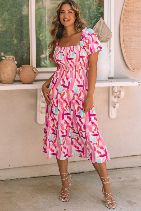 Pink Brush Stroke Printed Smocked Ruffle Tiered Dress