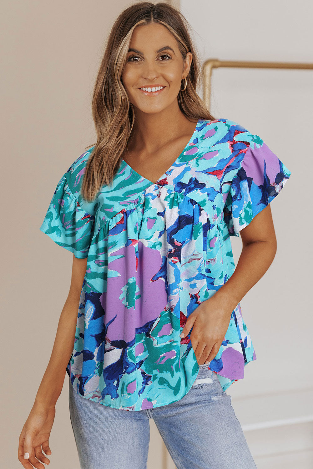 Sky Blue Abstract Print V Neck Flutter Sleeve Blouse