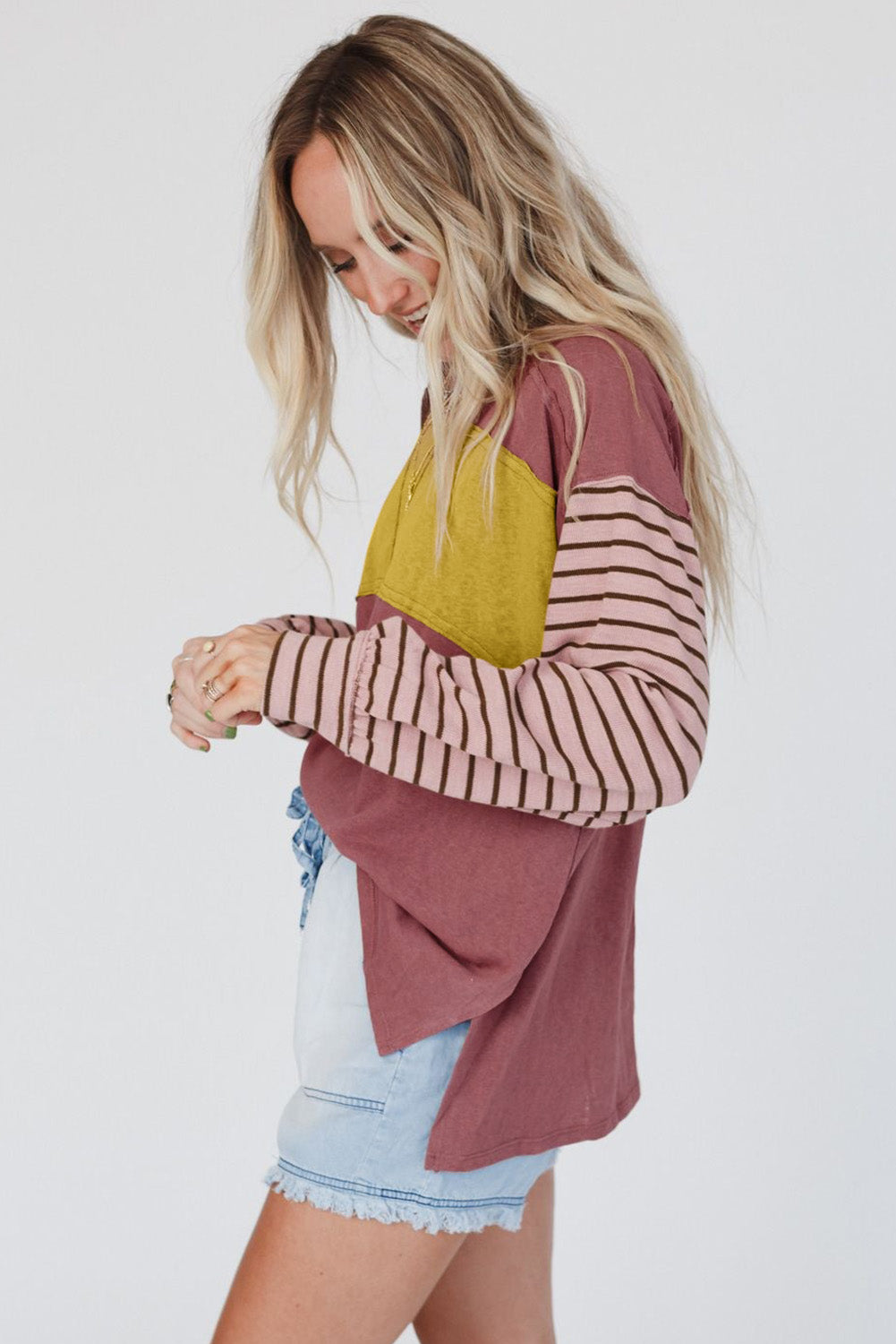 Red Colorblock Striped Bishop Sleeve Top