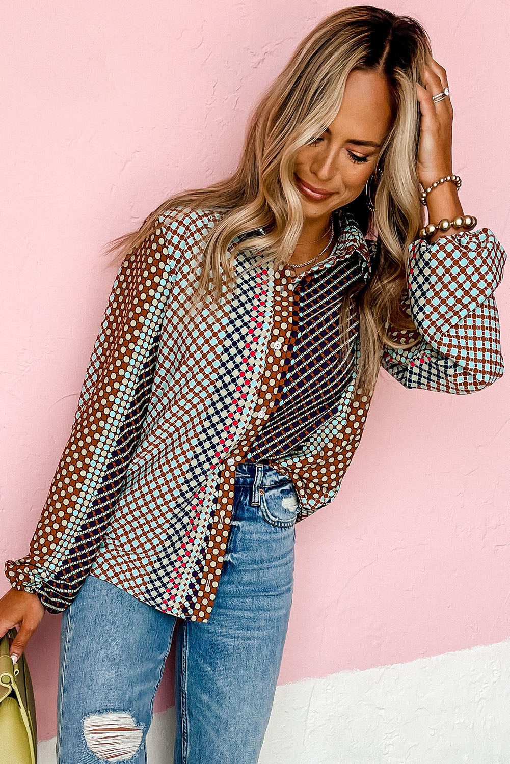 Brown Dot Print Long Sleeve Button Down Shift Shirt