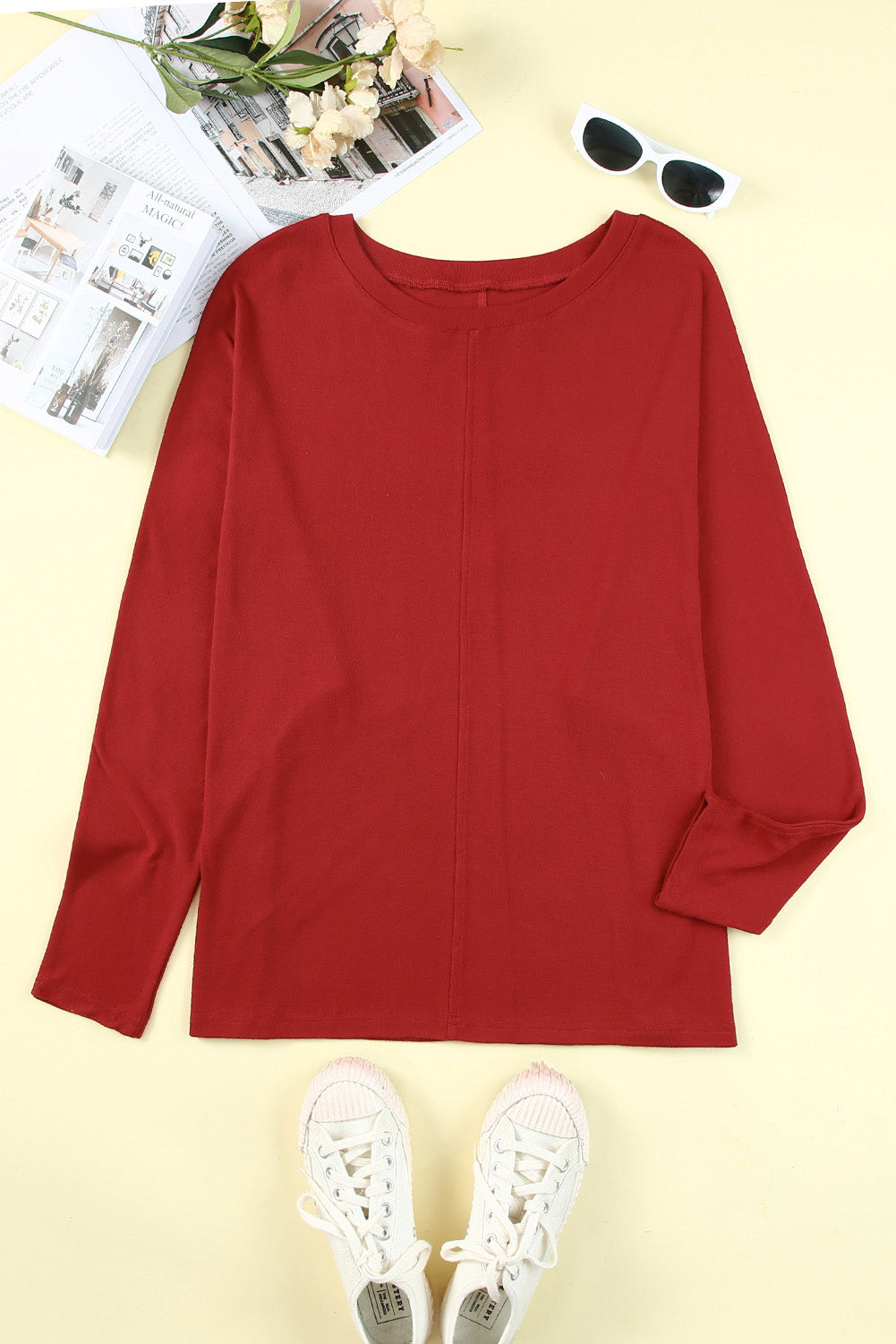 Red Solid Color Patchwork Long Sleeve Top