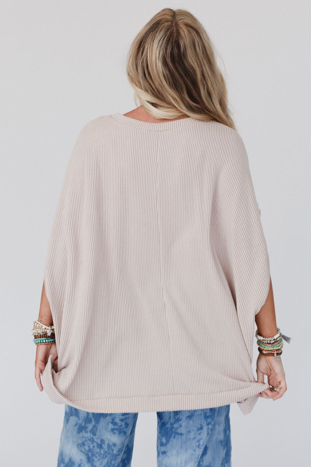 Apricot Ribbed Knit Batwing Sleeve Tunic Oversized T Shirt