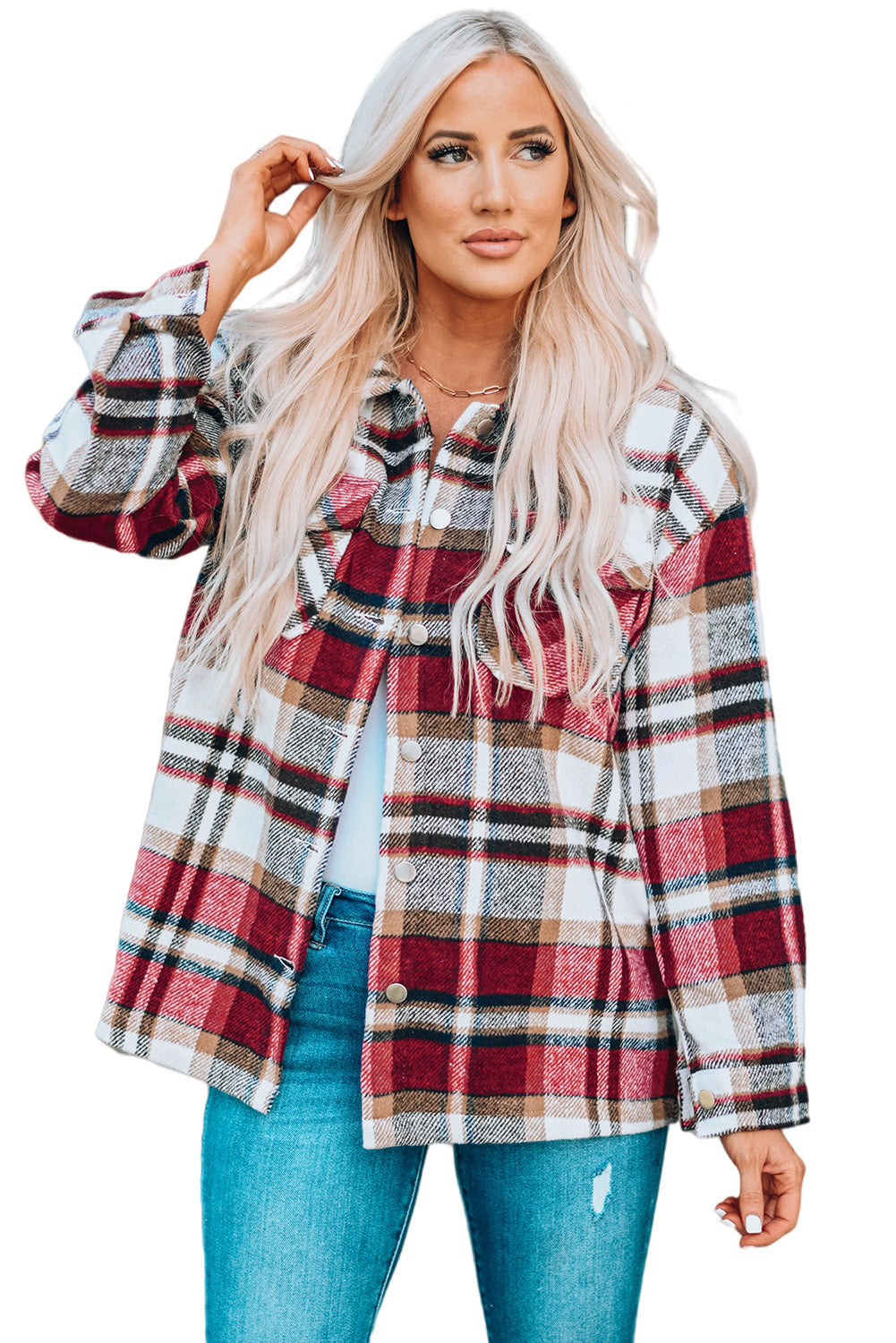 Red Geometric Plaid Print Pocketed Shacket