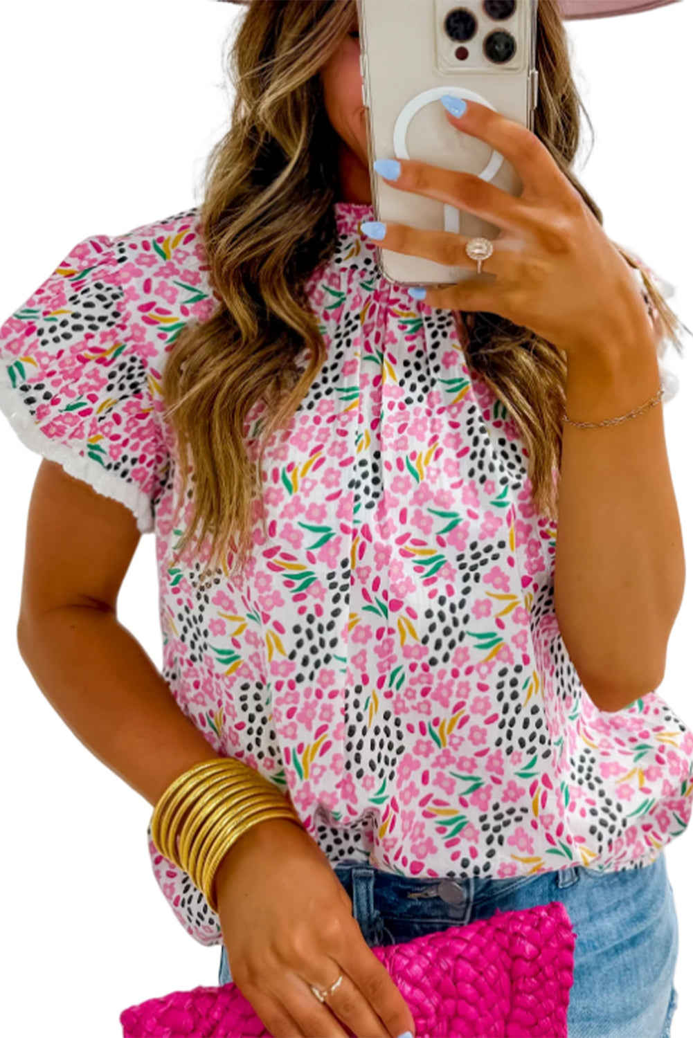 Pink Multicolor Abstract Print High Neck Flutter Sleeves Top