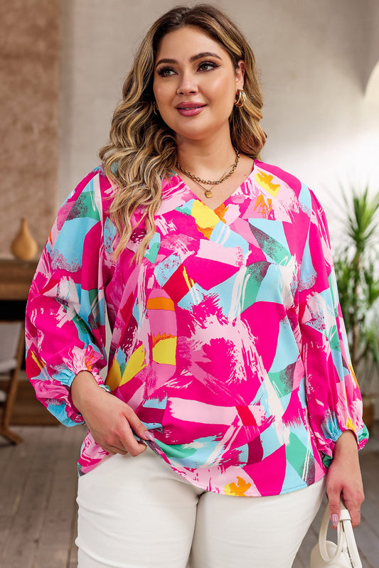 Pink Plus Size Graffiti Print Split Neck Puff Sleeve Blouse