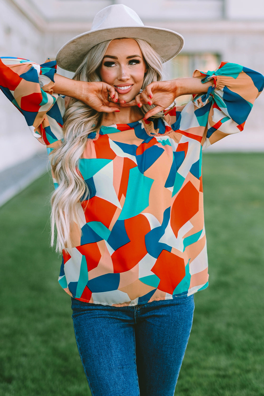 Multicolor Abstract Pattern Crewneck Ruffled Puff Sleeve Blouse