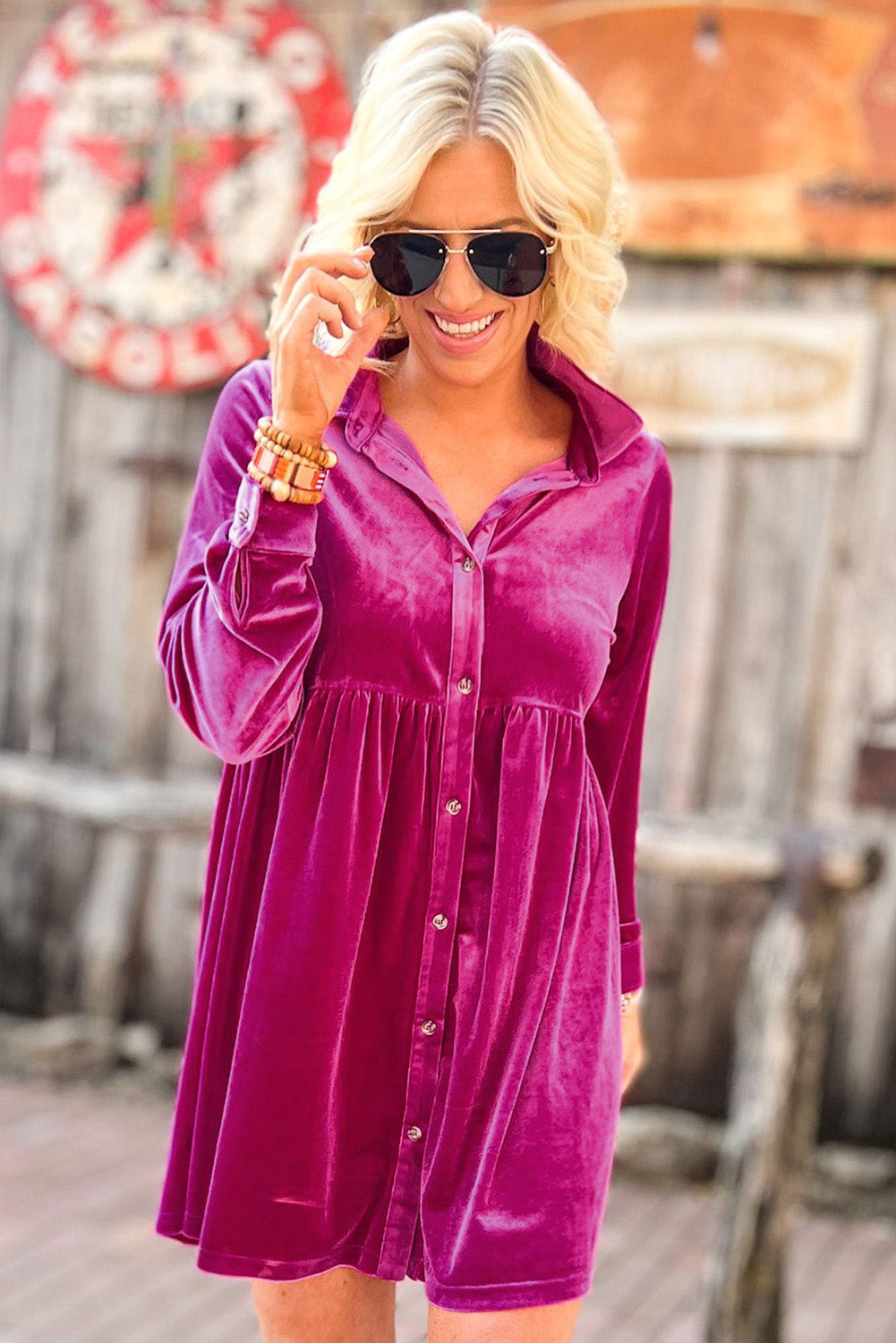 Rose Long Sleeve Ruffle Velvet Button Up Dress