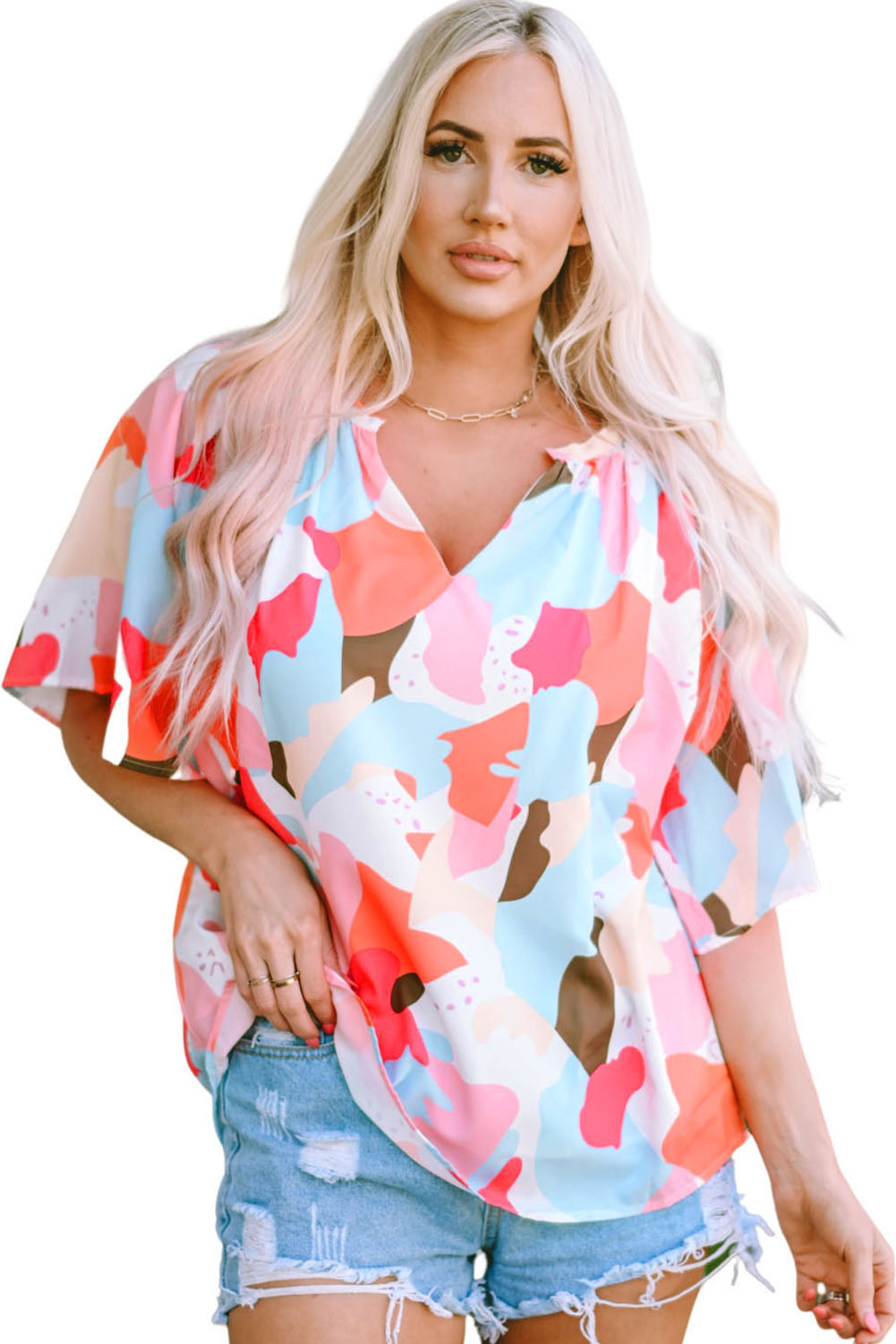 Multicolor Floral Print V Neck Half Sleeve Blouse