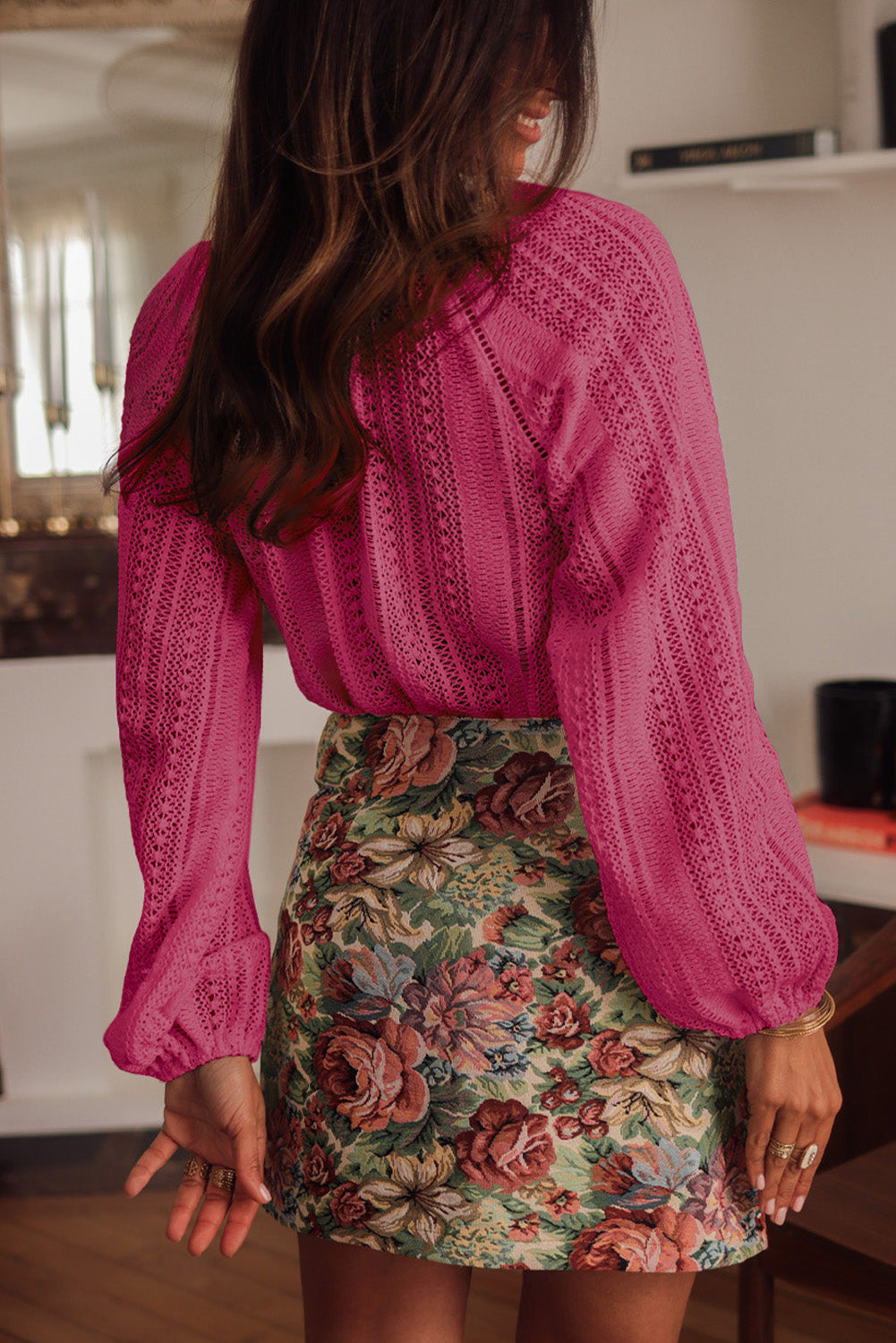 Rose V-Neck Long Sleeve Button Up Lace Shirt