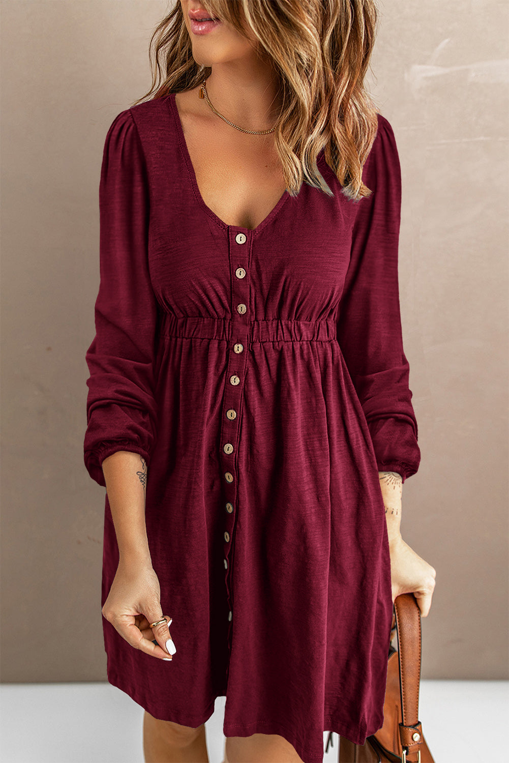 Red Button Up High Waist Long Sleeve Dress