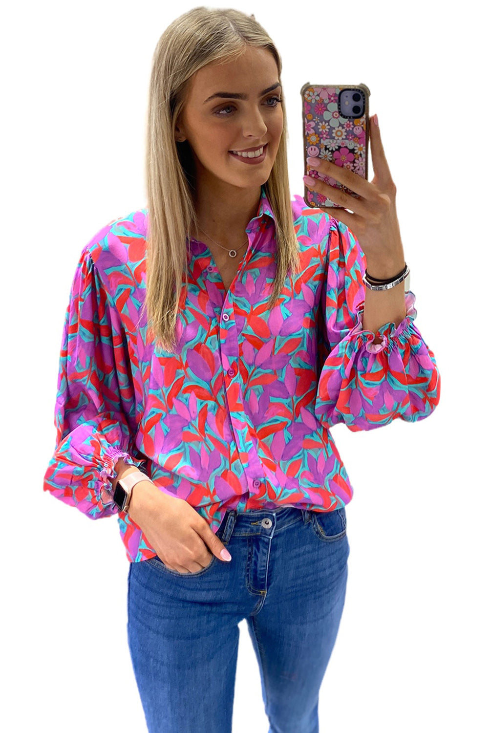 Multicolor Abstract Floral Button Up Long Puff Sleeve Shirt