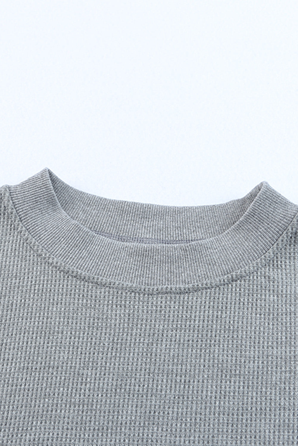 Gray Crew Neck Ribbed Trim Waffle Knit Top