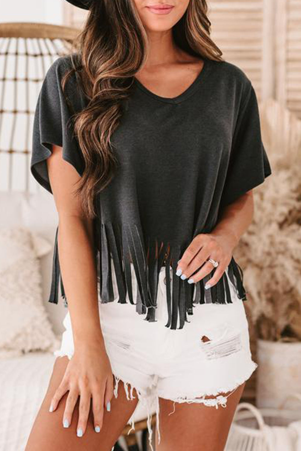 Black Fringe Hem V Neck T Shirt