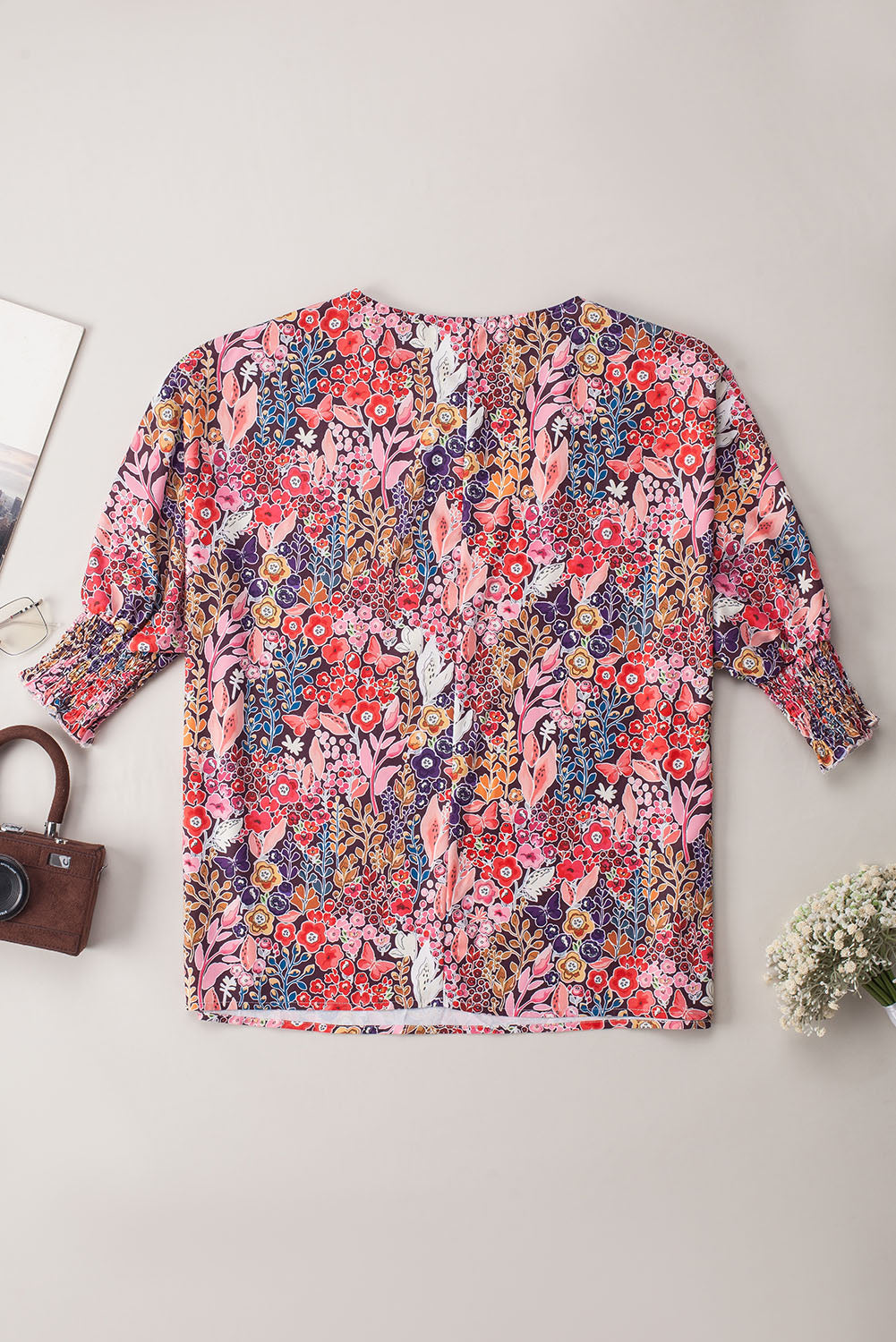 Multicolor Floral Print Shirred 3/4 Sleeve Tunic Blouse