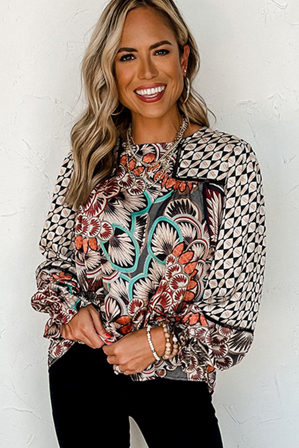 Black Black Black Mixed Floral Geometric Print Ruffled Long Sleeve Blouse