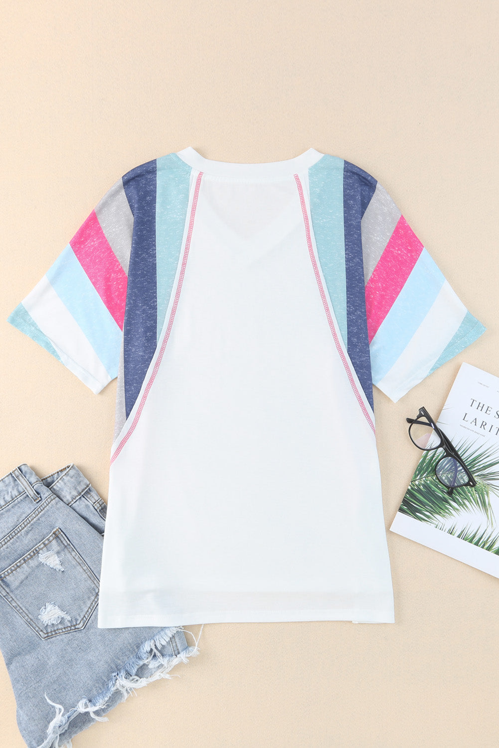 White Stripe Patchwork V Neck T Shirt