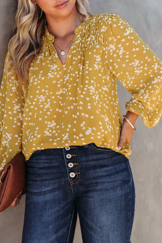 Yellow Plus Size Floral Print Ruched Split Neck Blouse