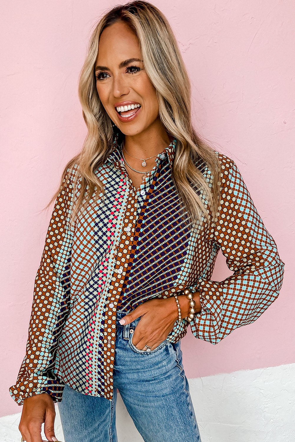 Brown Dot Print Long Sleeve Button Down Shift Shirt