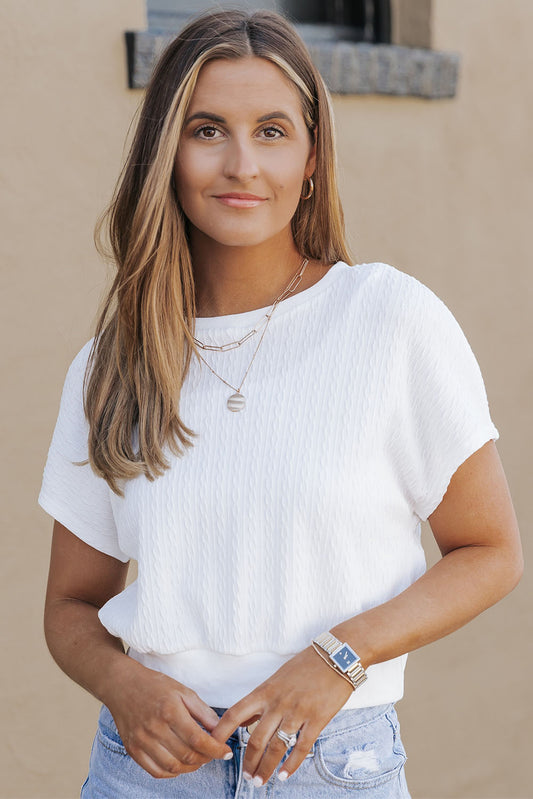 White Textured Knit Short Sleeve Top