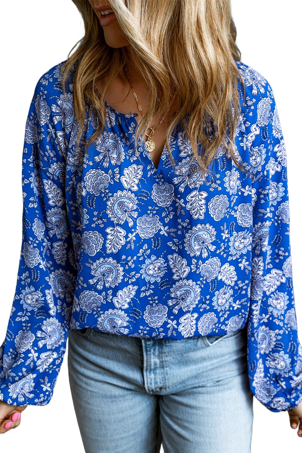 Blue Floral Notched V-Neck Long Sleeve Blouse