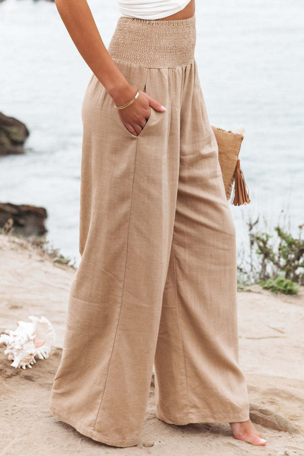 Khaki Smocked Wide Waistband High Waist Wide Leg Pants