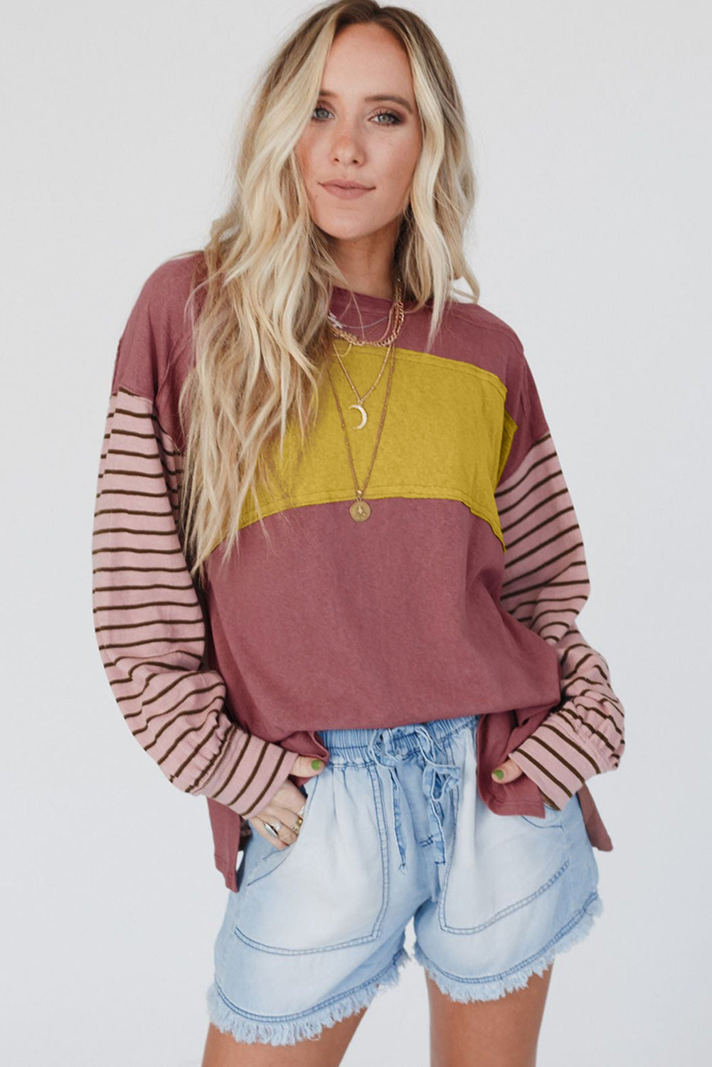 Red Colorblock Striped Bishop Sleeve Top