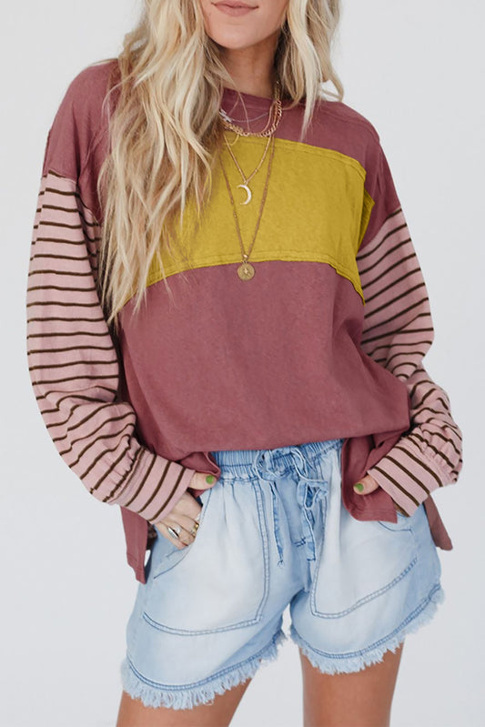 Red Colorblock Striped Bishop Sleeve Top