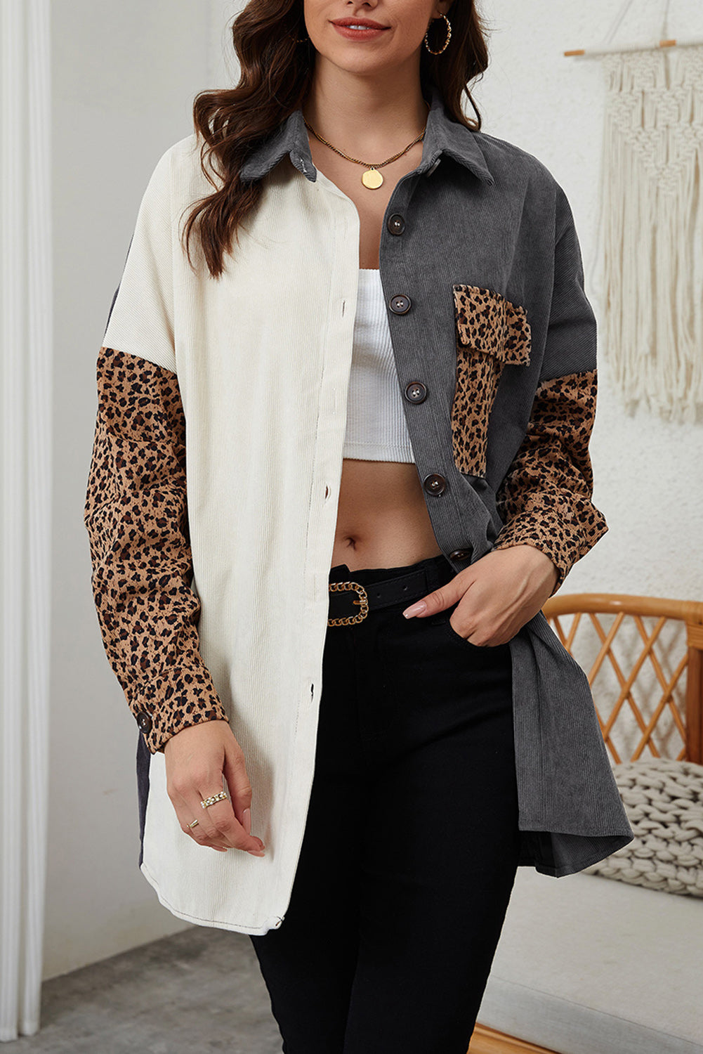 Gray Color Block Leopard Patched Corduroy Shacket