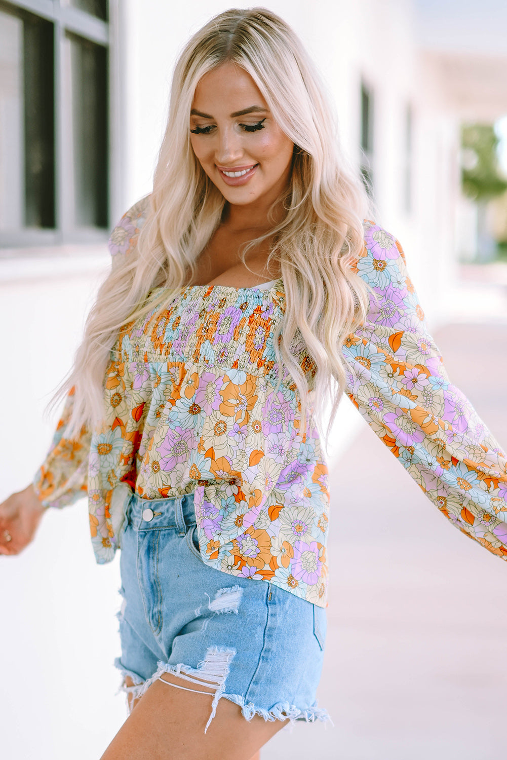 Multicolor Floral Square Neck Puff Sleeve Babydoll Blouse