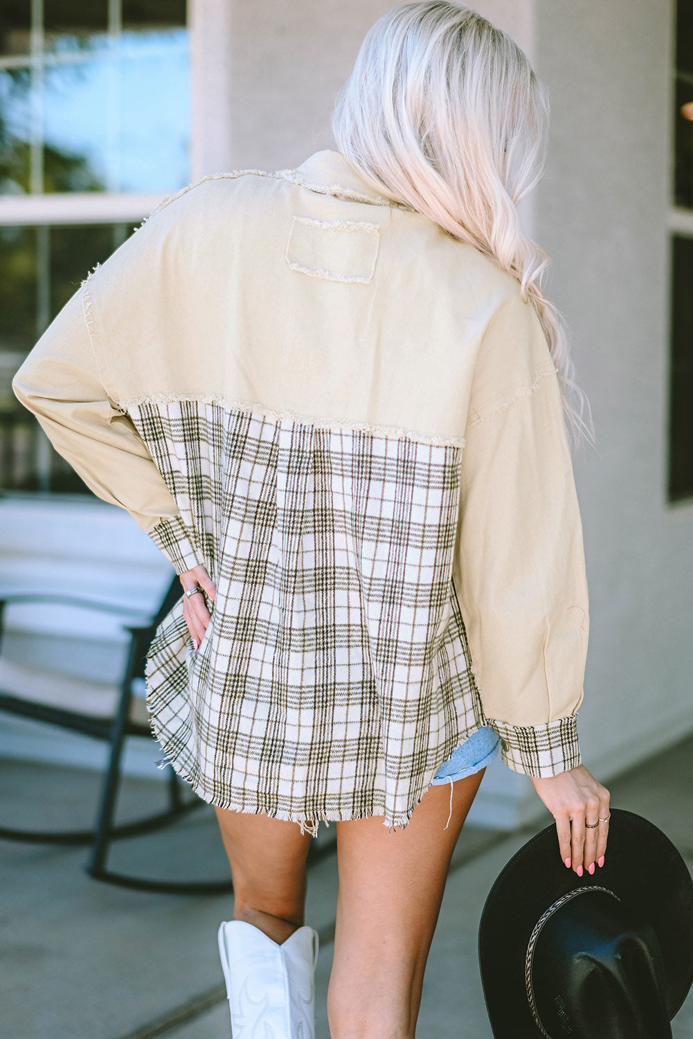 Khaki Distressed Raw Edge Plaid Patchwork Denim Jacket