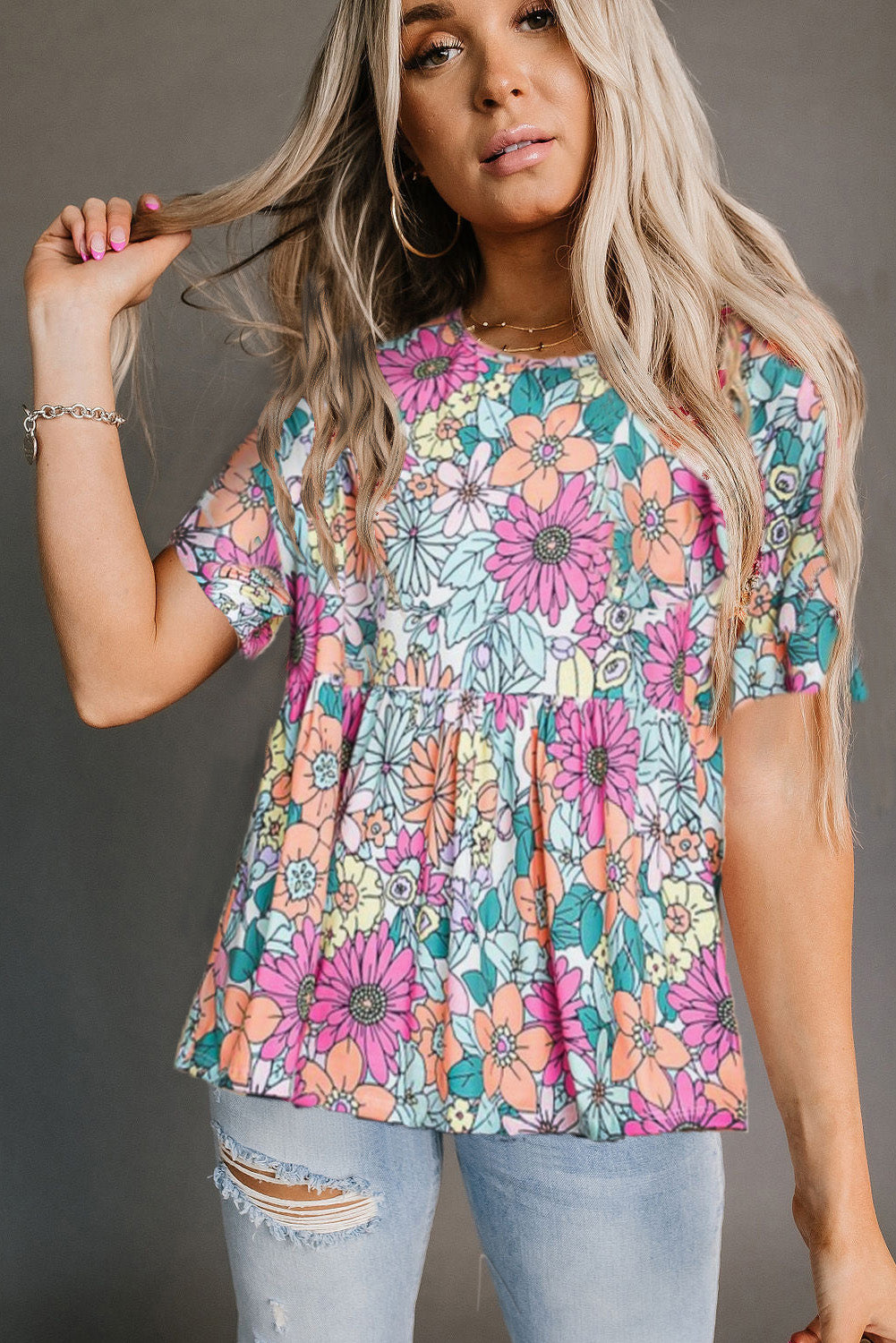 Multicolor Bohemian Flower Print Flowy Short Sleeve Top