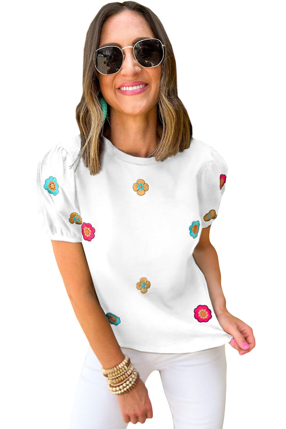 White Embroidered Flower Short Puff Sleeve Tee