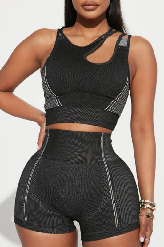 Black Strappy Mix Pattern Cutout Bra and Shorts Set