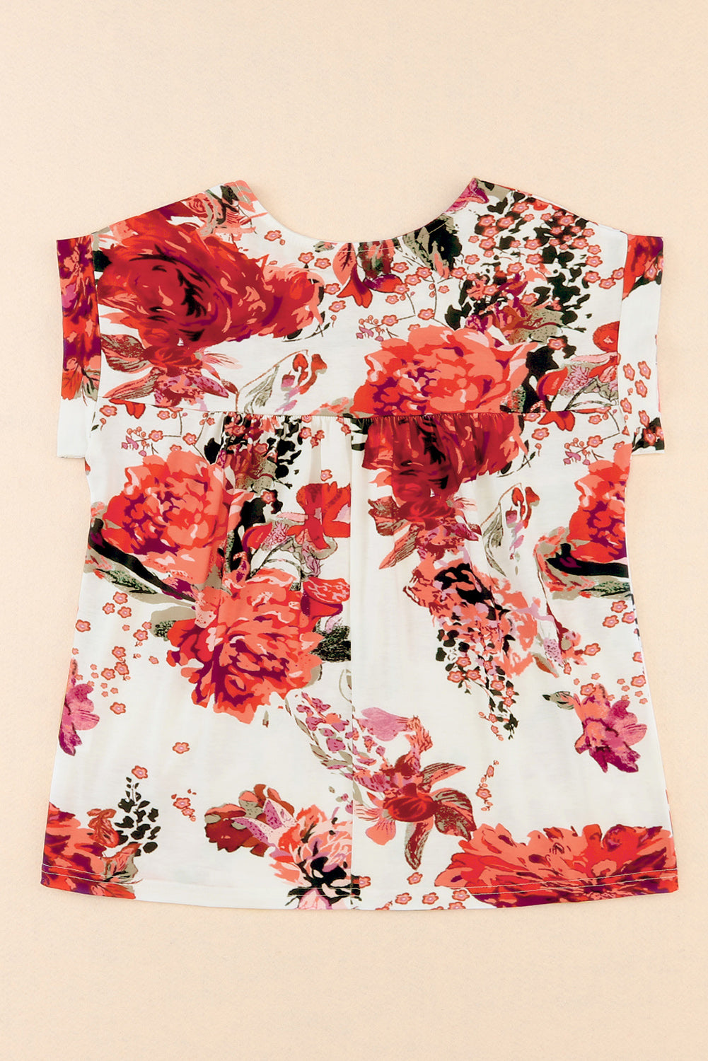 Red Floral Short Sleeve Round Neck Blouse