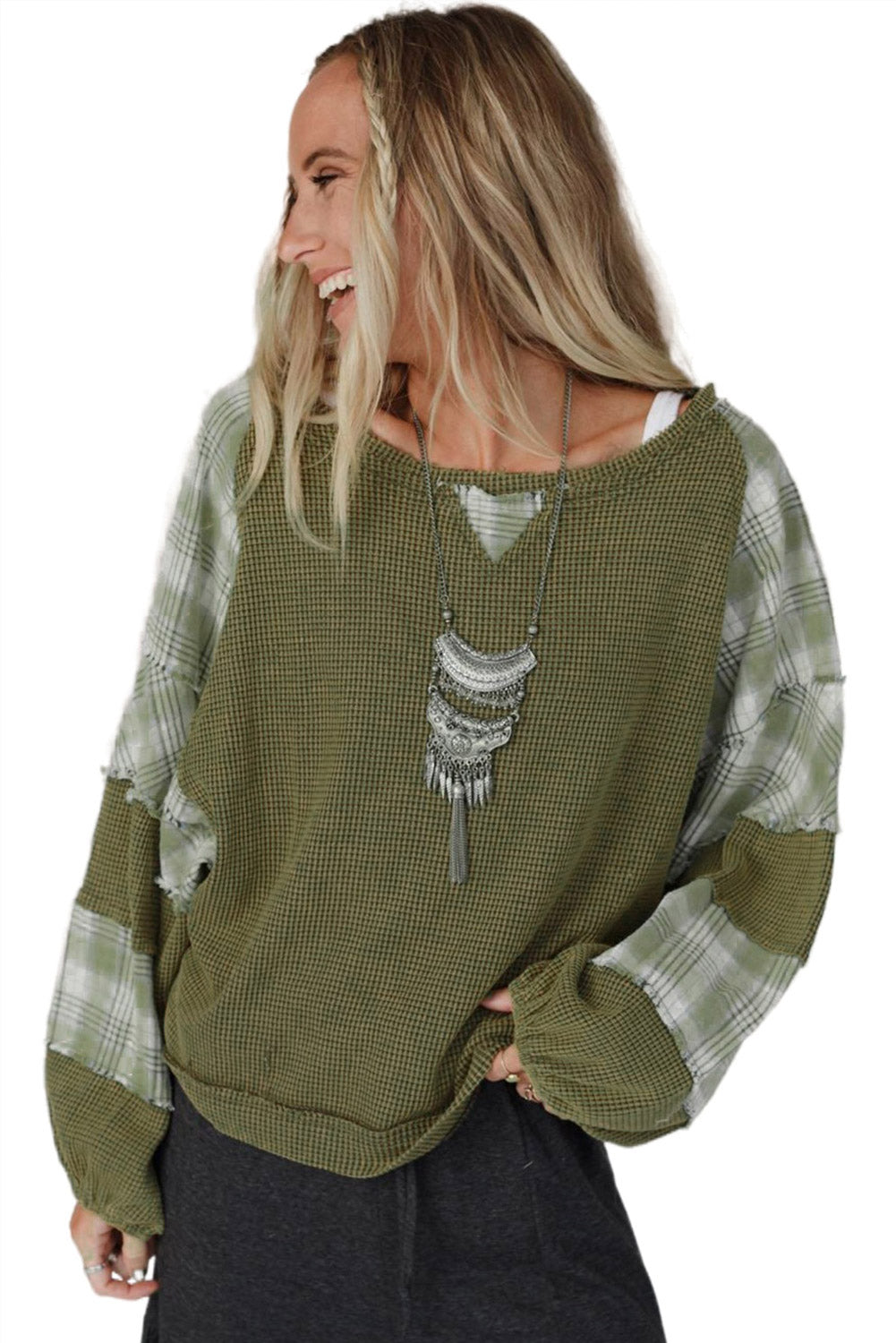 Green Plaid Patch Waffle Knit Exposed Seam Bubble Sleeve Top