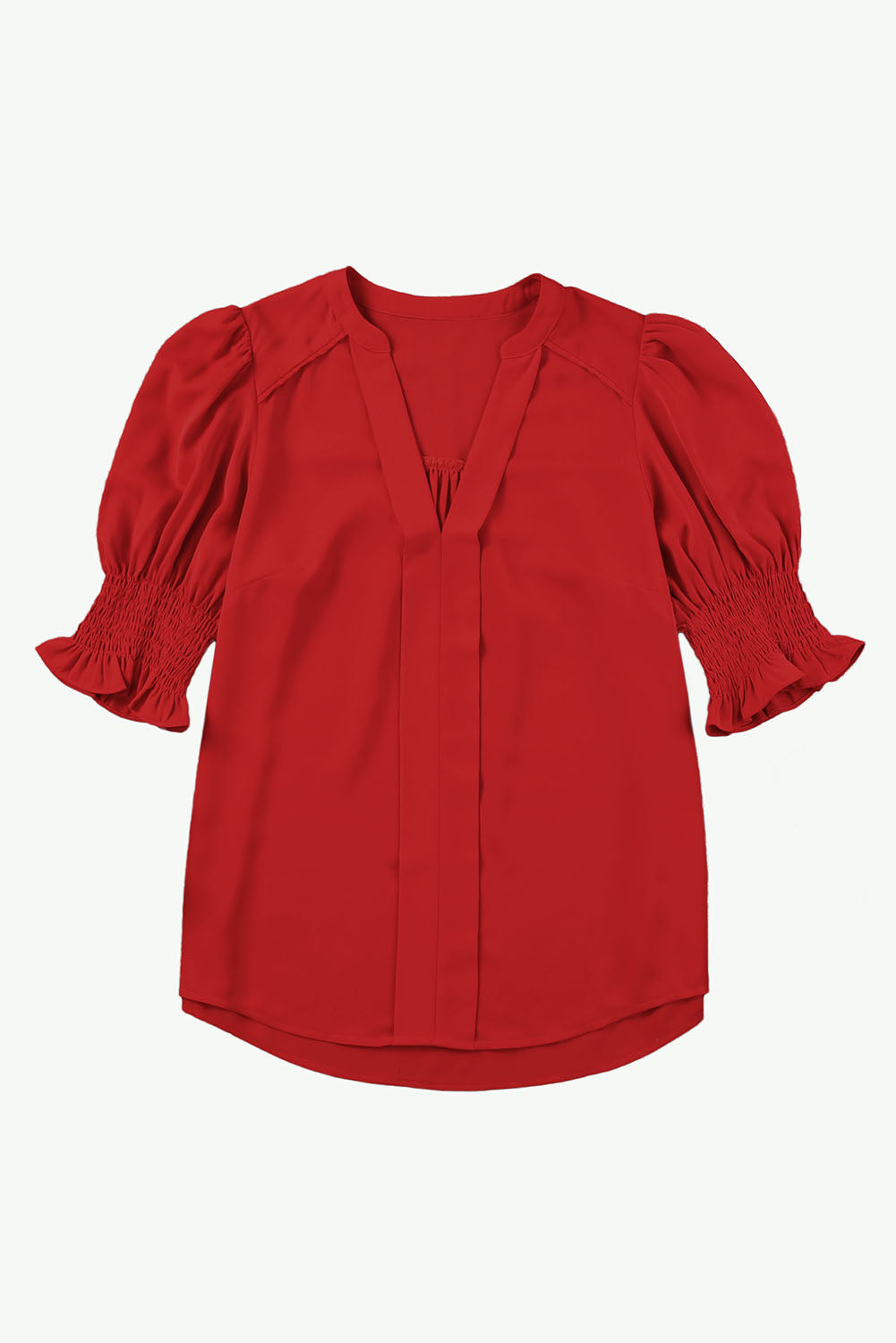 Red Solid Color Half Sleeve V Neck Blouse