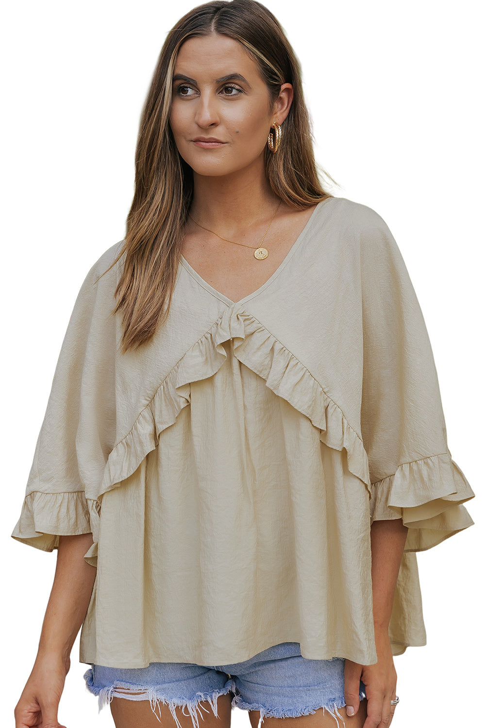 Apricot V Neck Draped Batwing Sleeve Ruffle Top