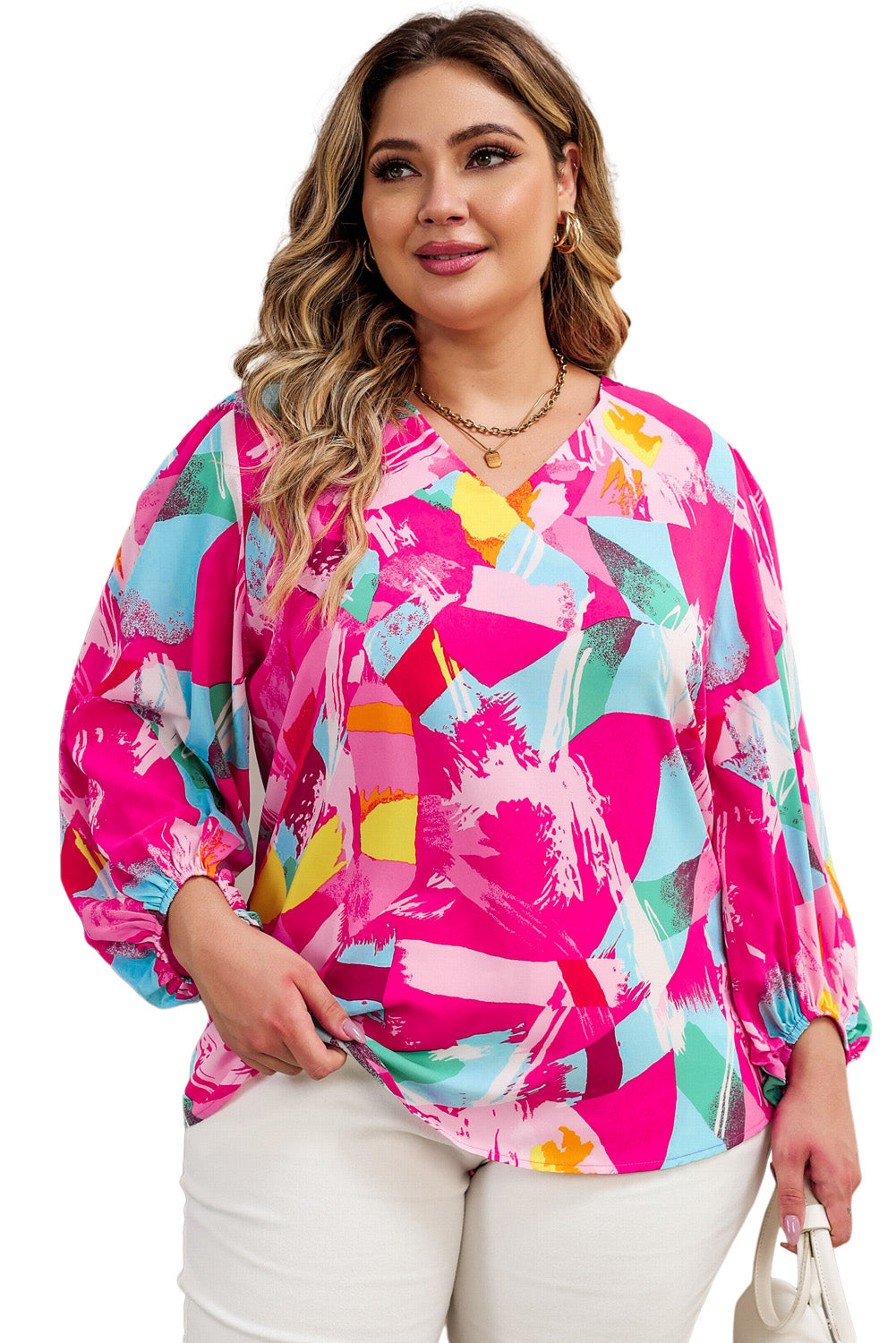 Pink Plus Size Graffiti Print Split Neck Puff Sleeve Blouse