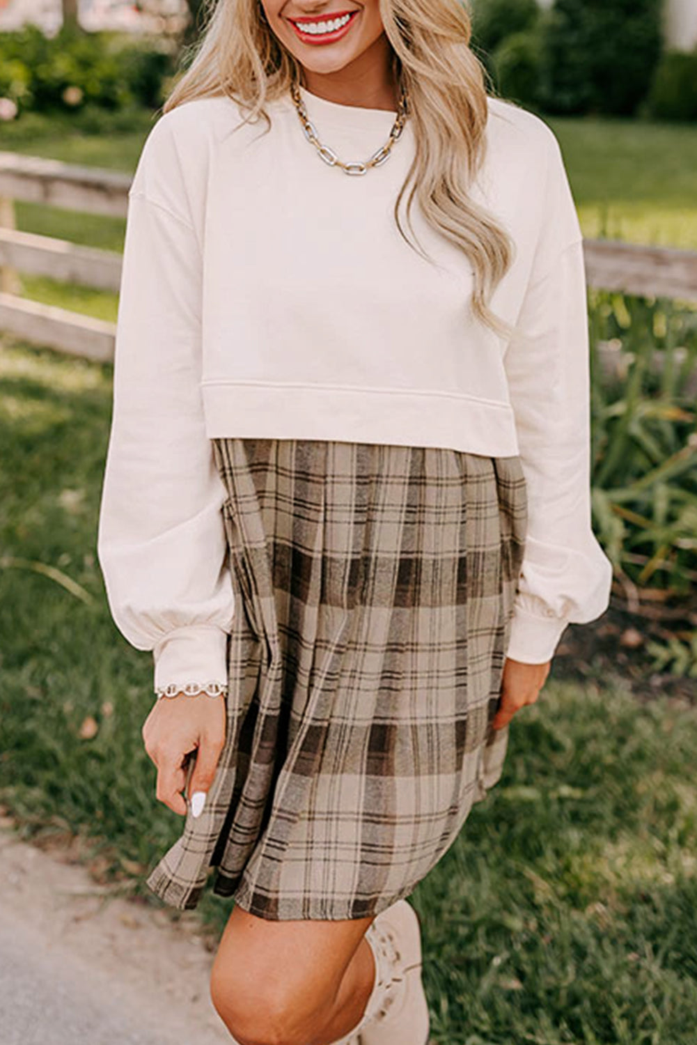 Beige Plaid Sweatshirt Mini Dress