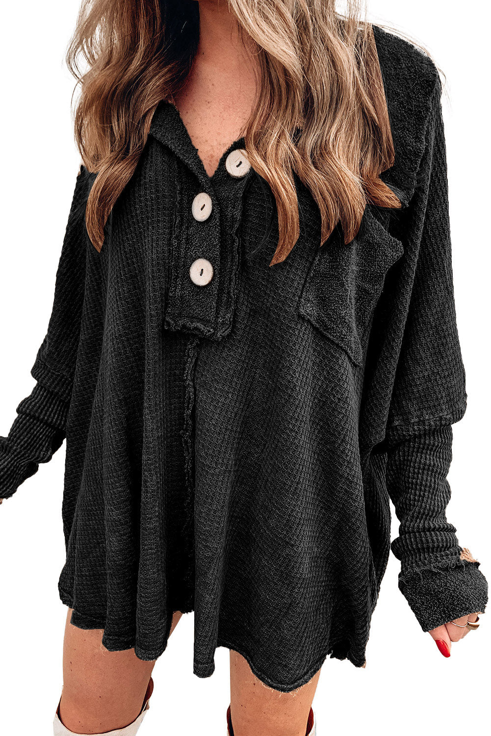 Black Waffle Knit Buttoned Long Sleeve Top