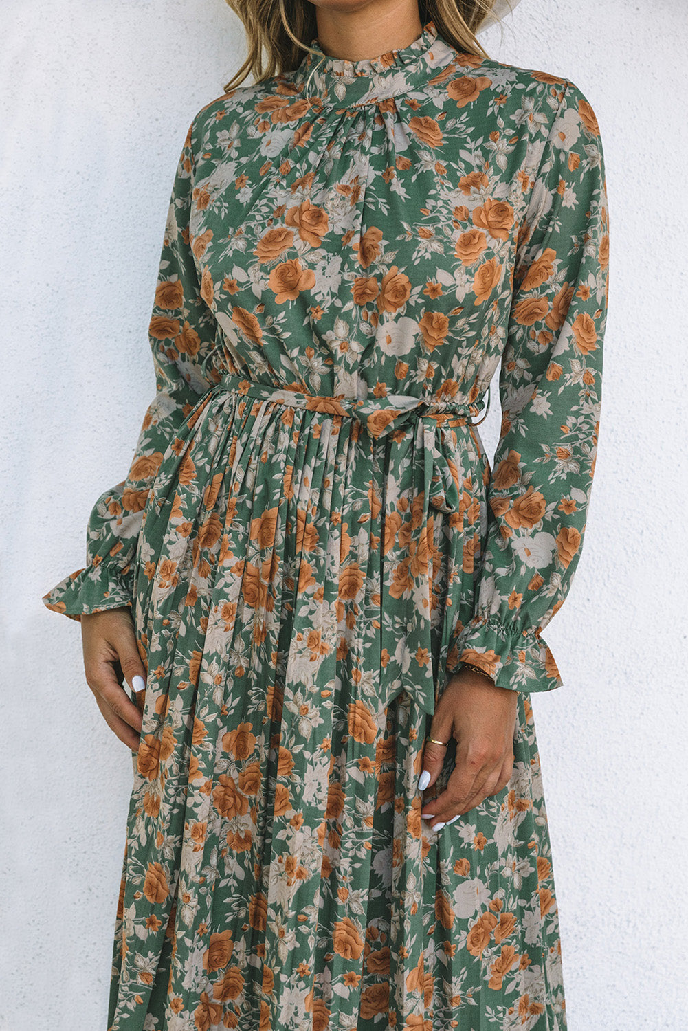 Green Pleated Long Sleeve Maxi Floral Dress with Tie