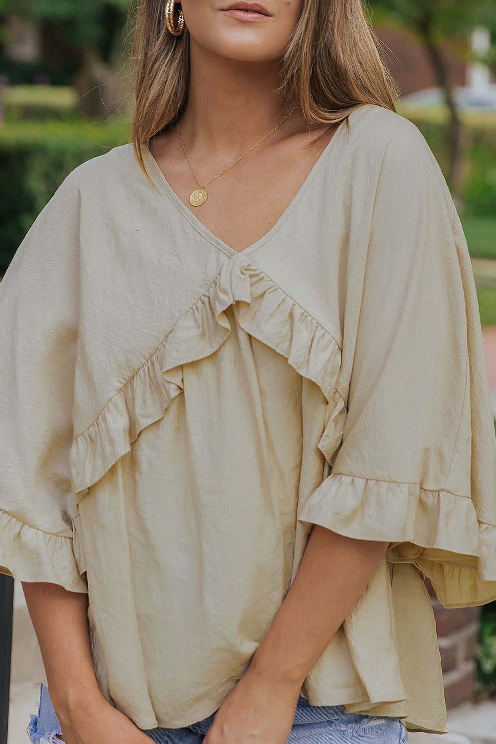 Apricot V Neck Draped Batwing Sleeve Ruffle Top