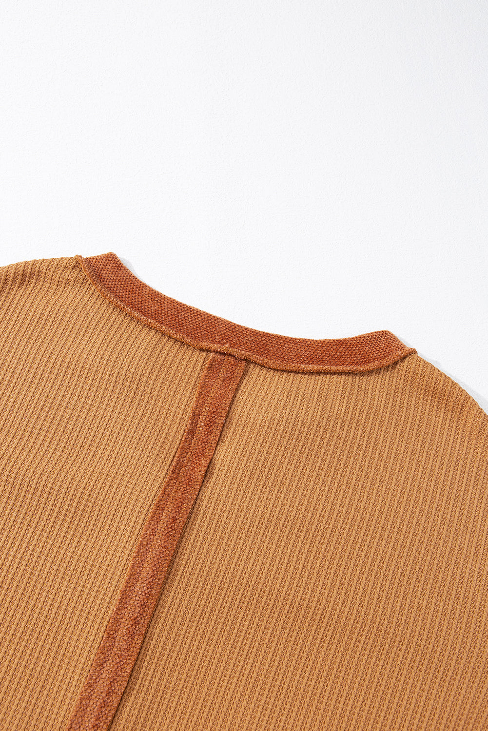 Orange Contrast Patched Exposed Seam Waffle Knit Henley Top