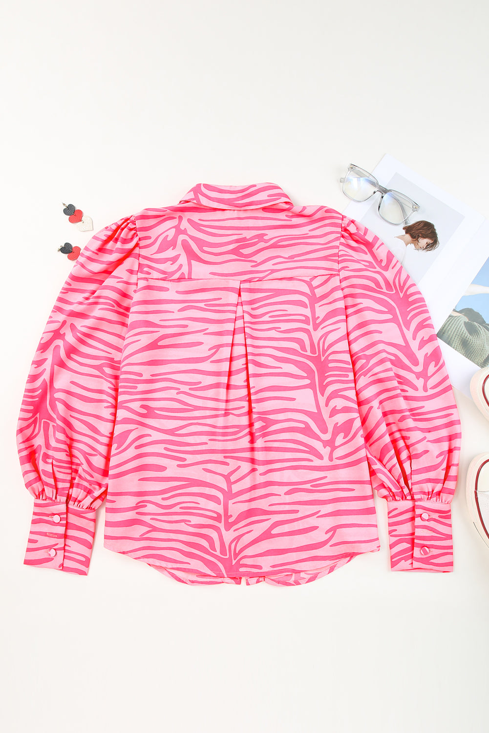 Pink Zebra Stripes Print Lantern Sleeve Shirt